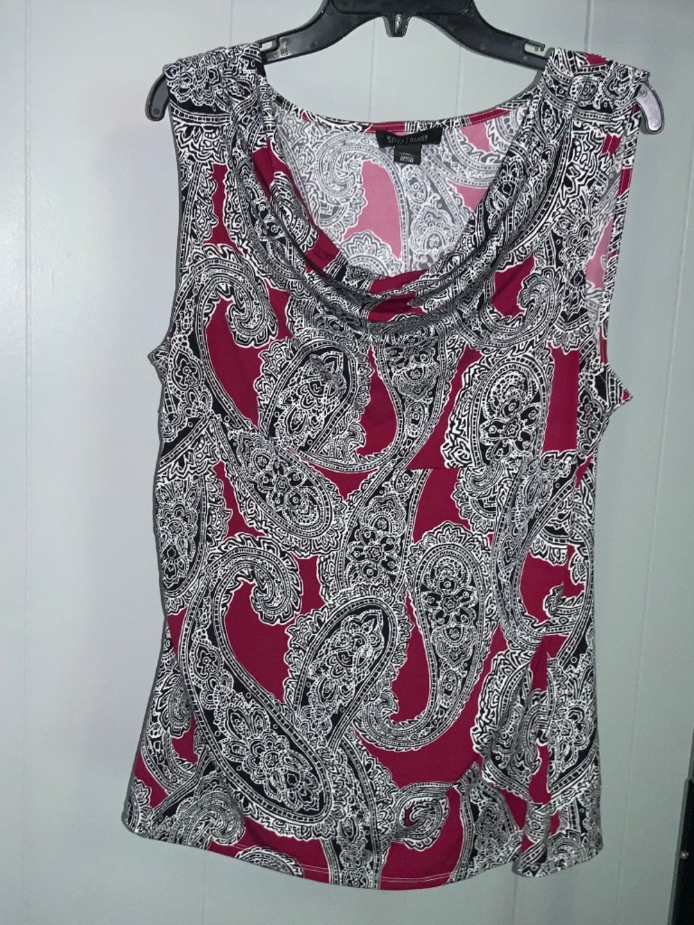 White House Black Market red black paisley drape neck blouse Sz XL sleeveless